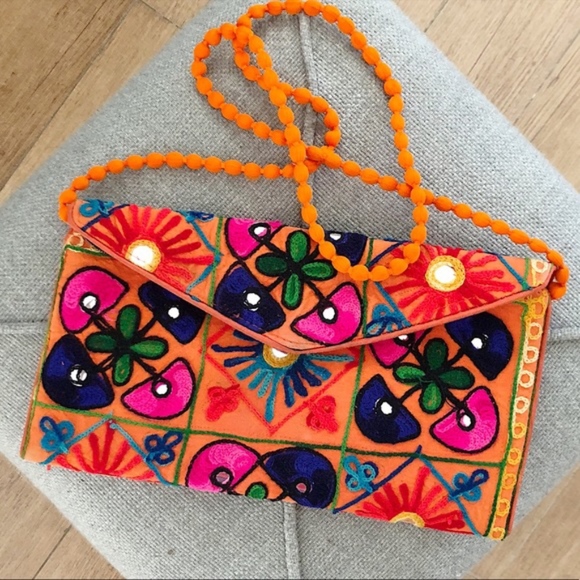 Handmade Handbags - Orange Floral Fabric Embroidered Crossbody Purse